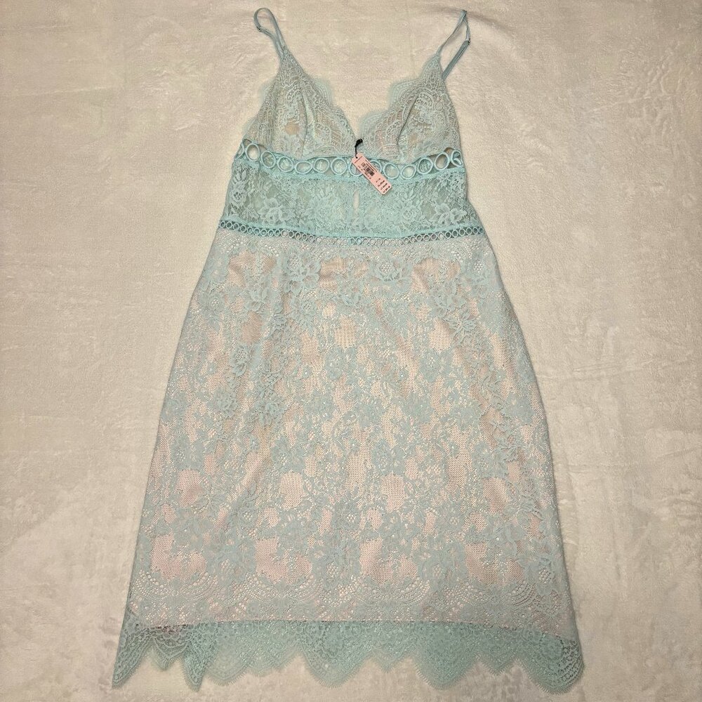 Victoria Secrets Dream Angels Floral Lace & Ring Slip Dress Size M Aqua BluePink